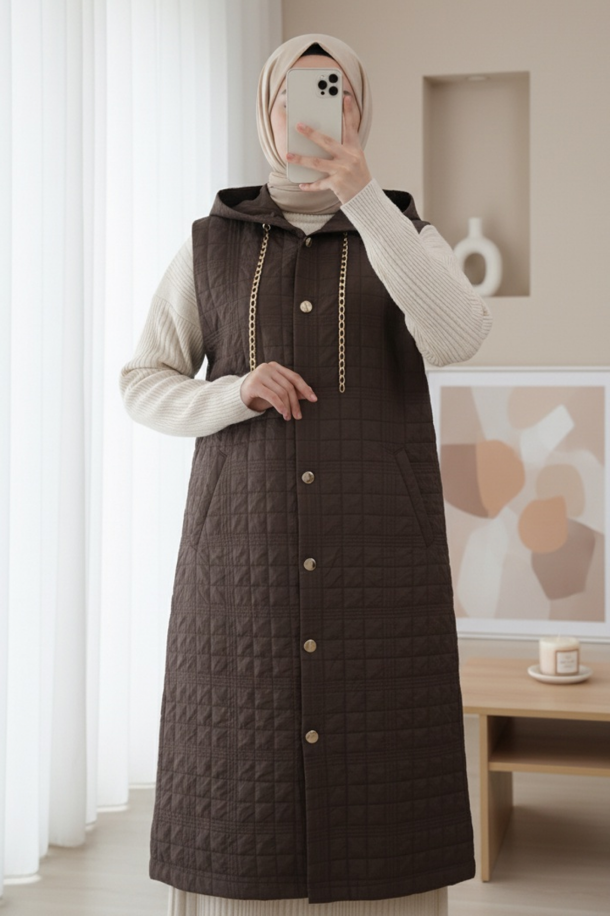 Hooded Chain Detailed Quilted Vest with Pockets -Dark Coffee