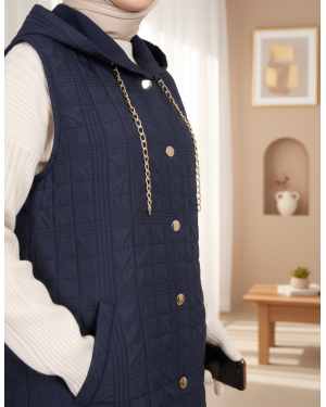 Hooded Chain Detailed Quilted Vest with Pockets -Navy blue