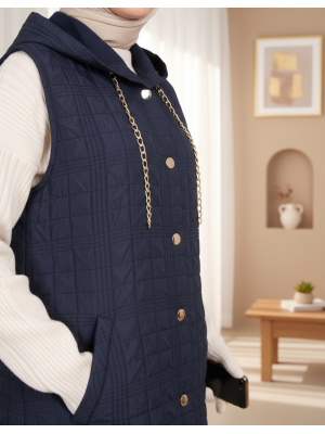 Kapşonlu Zincir Detaylı Cepli Kapitone Yelek -Laci