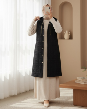 Hooded Chain Detailed Quilted Vest with Pockets -Black