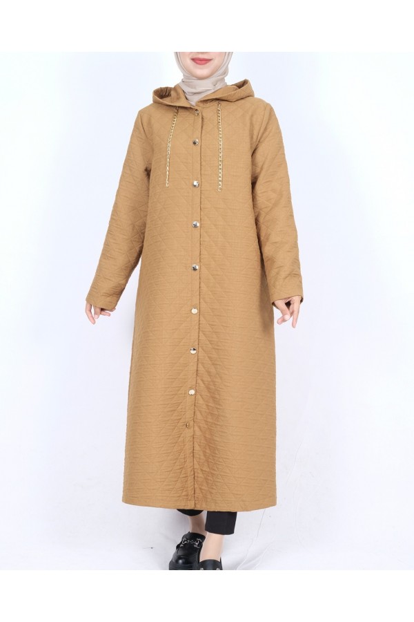 Hooded Chain Detailed Buttoned Quilted Coat -Cinnamon