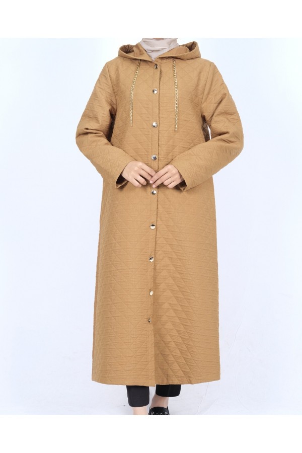 Hooded Chain Detailed Buttoned Quilted Coat -Cinnamon