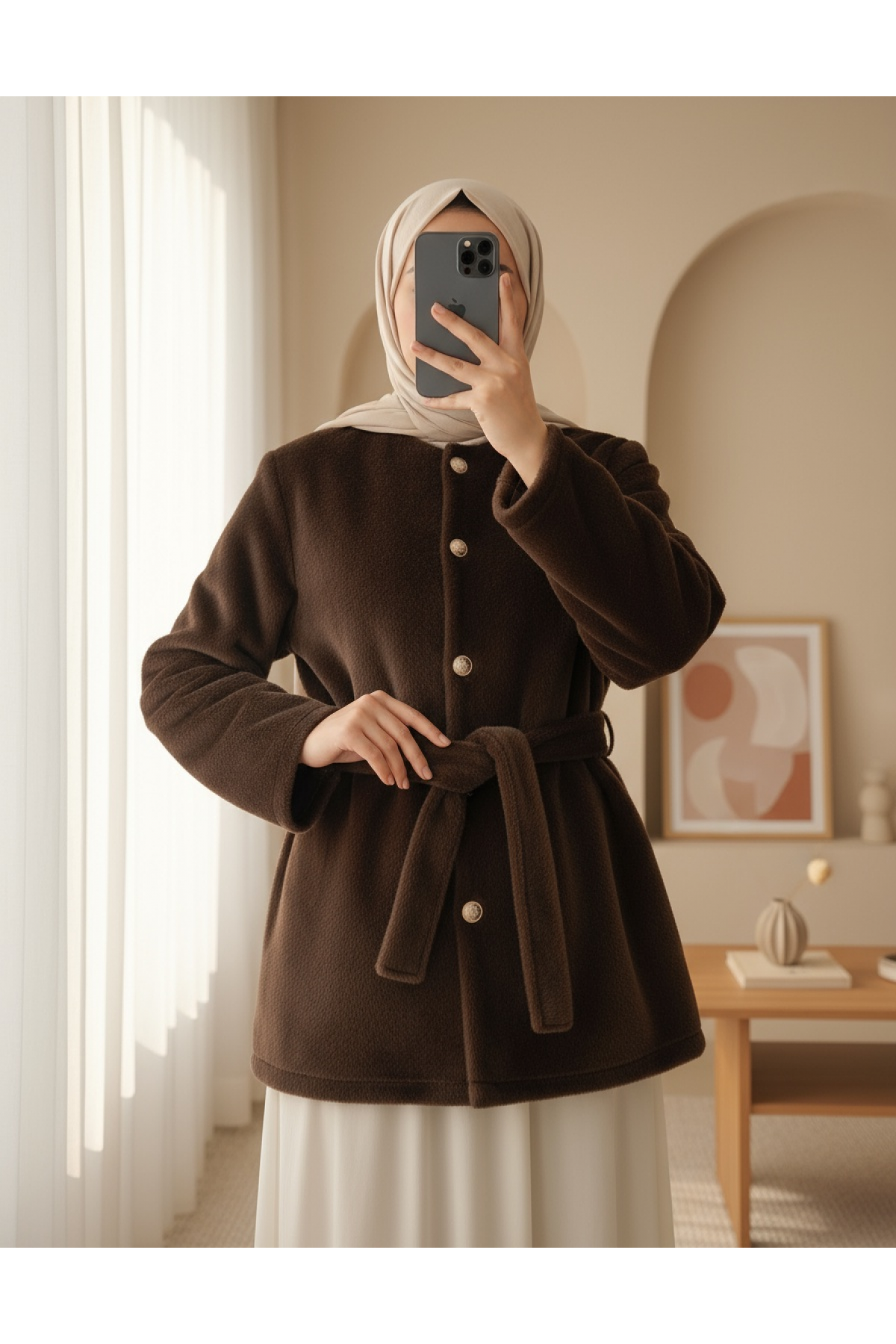 Buttoned Waist Tied Fur Jacket   - Soil