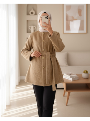 Buttoned Waist Tied Fur Jacket   -Mink color