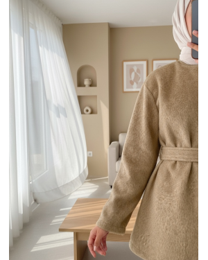 Düğmeli Beli Bağlamalı Kürklü Ceket   -Vizon