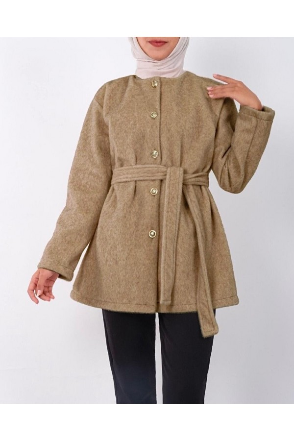 Buttoned Waist Tied Fur Jacket   -Mink color