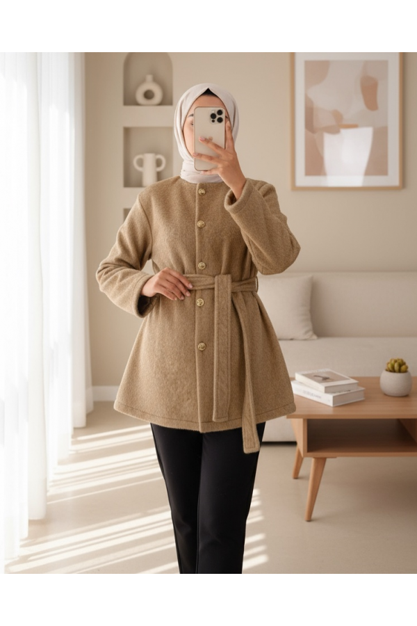 Buttoned Waist Tied Fur Jacket   -Mink color