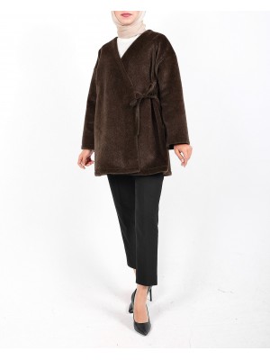 Yandan Bağlamalı Kürklü Ceket   -Toprak