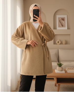 Yandan Bağlamalı Kürklü Ceket   -Vizon