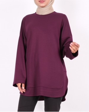 Oysho Sweat with Oval Cut Slit Skirt -Damson