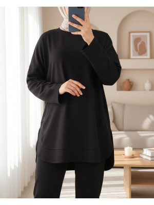 Oysho Sweat with Oval Cut Slit Skirt -Black