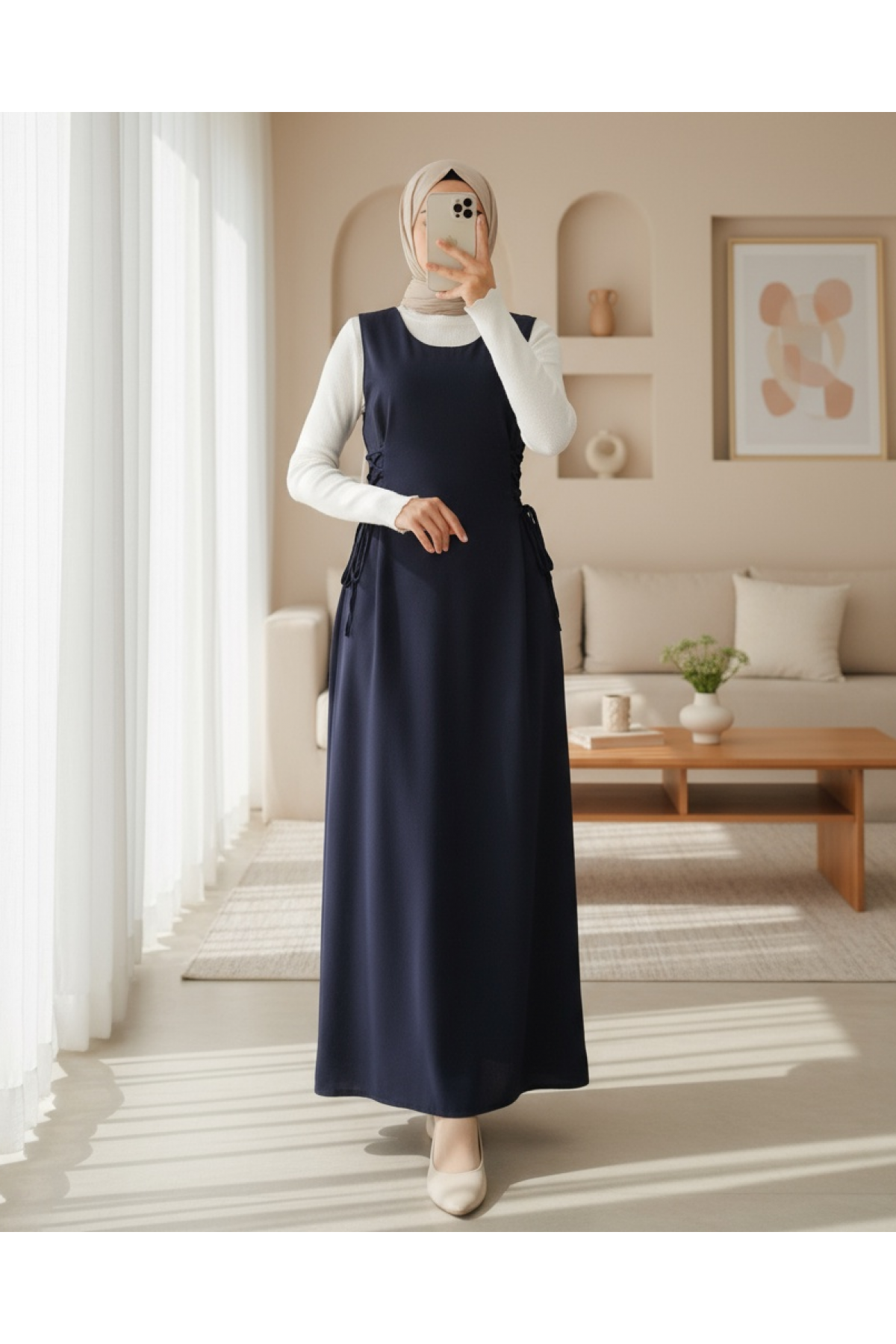 Side Tie Double Fabric Vest -Navy blue