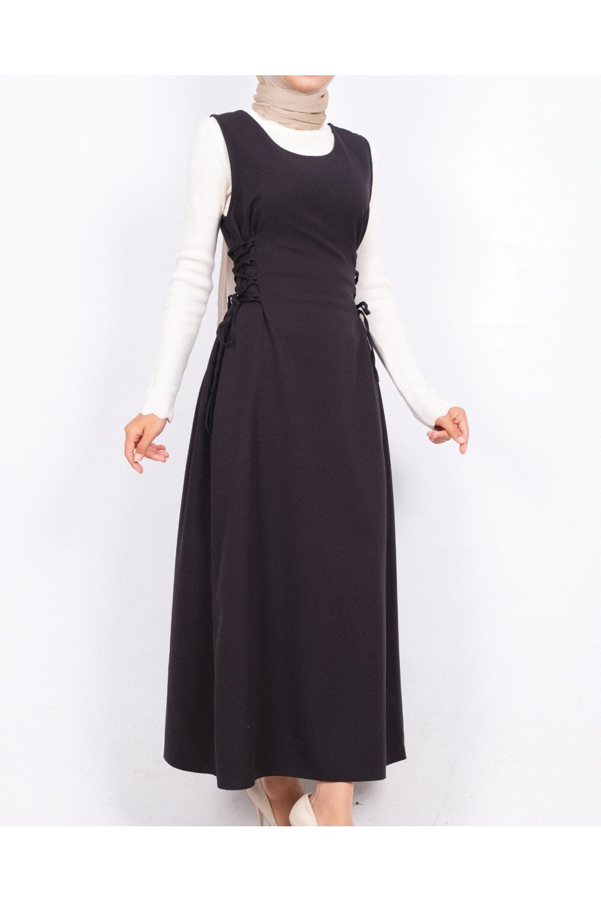 Side Tie Double Fabric Vest -Black