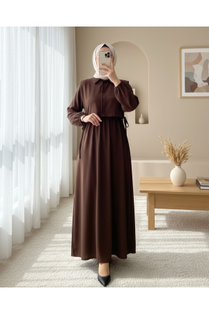 Üstü Gömlek Detaylı Elbise Takım   -Kahve