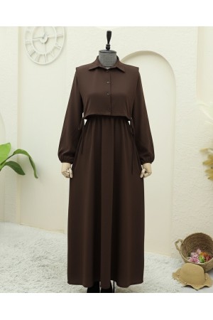 Üstü Gömlek Detaylı Elbise Takım   -Kahve