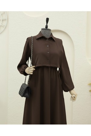 Üstü Gömlek Detaylı Elbise Takım   -Kahve