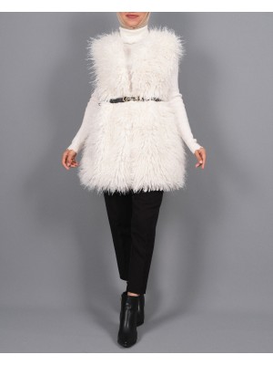 Fur Lined Vest with Belt and Side Pockets -White