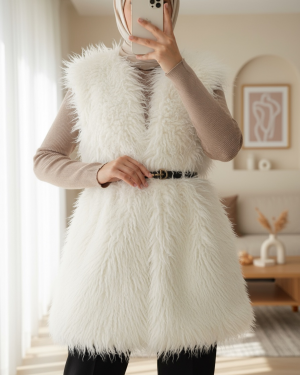 سترة مبطنة بالفرو مع حزام وجيوب جانبية -أبيض