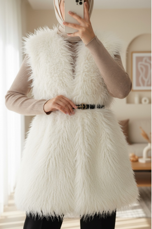 Kemerli Yan Cepli Kürklü Astarlı Yelek -Beyaz