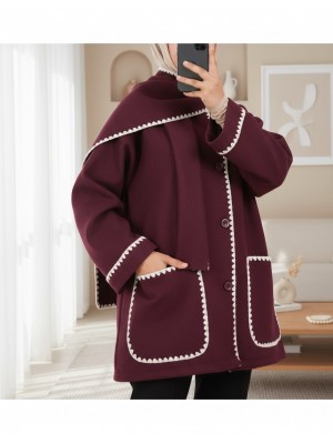 Button Front Scarf Pocket Jacket  -Maroon