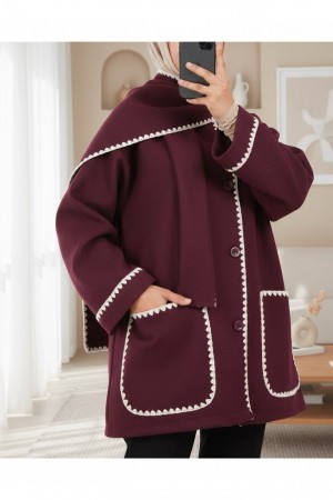 Önü Düğmeli Atkılı Cepli Ceket  -Bordo