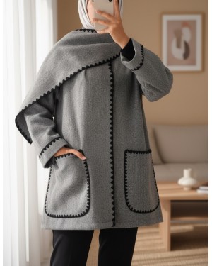 Button Front Scarf Pocket Jacket  -Grey