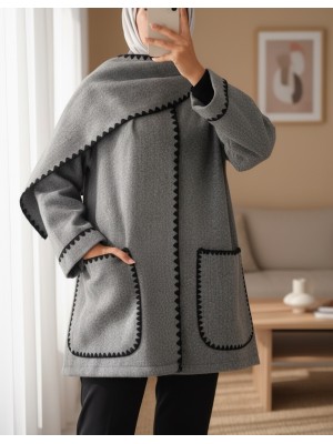 Button Front Scarf Pocket Jacket  -Grey