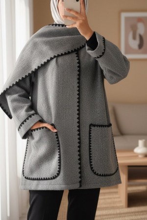 Önü Düğmeli Atkılı Cepli Ceket  -Gri