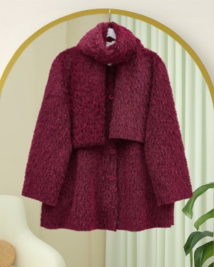 سترة ملتحية بأزرار أمامية وتفاصيل وشاح -بوردو