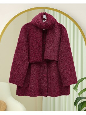Atkı Detaylı Önü Düğmeli Sakallı Ceket -Bordo