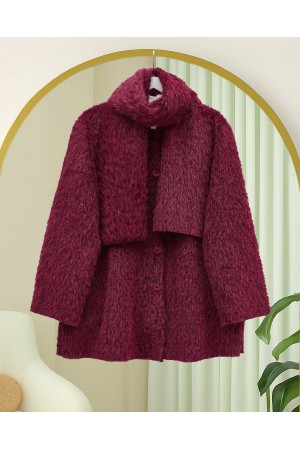 Scarf Detailed Button-Front Bearded Jacket -Maroon