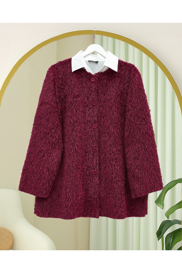 Scarf Detailed Button-Front Bearded Jacket -Maroon