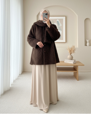 سترة ملتحية بأزرار أمامية وتفاصيل وشاح -بنى