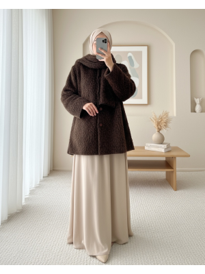 Atkı Detaylı Önü Düğmeli Sakallı Ceket -Kahve