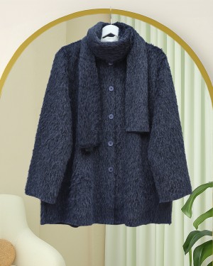 سترة ملتحية بأزرار أمامية وتفاصيل وشاح -كحلي