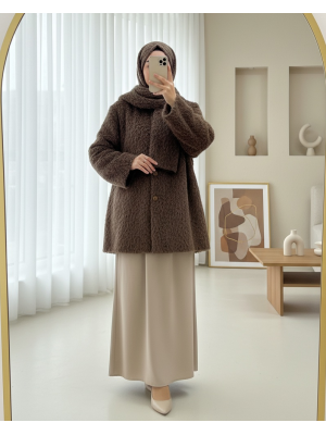 Atkı Detaylı Önü Düğmeli Sakallı Ceket -Taba