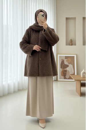 Scarf Detailed Button-Front Bearded Jacket -Snuff