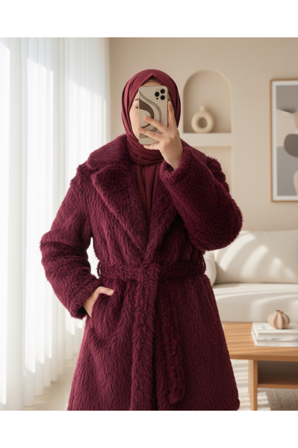 Beli Kuşaklı Cepli Sakallı Kap -Bordo