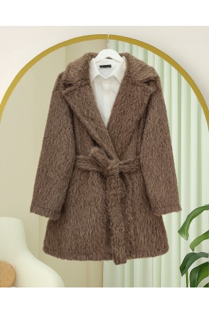 Beli Kuşaklı Cepli Sakallı Kap -Vizon