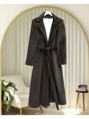 Tied Waist Lined Pocket Bearded Coat -Dark Coffee