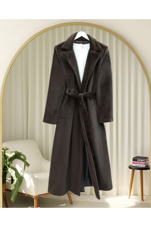 Tied Waist Lined Pocket Bearded Coat -Dark Coffee