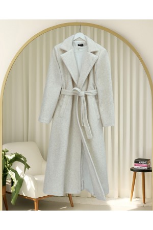 Beli Bağlamalı Astarlı Cepli Sakallı Kaban -Krem