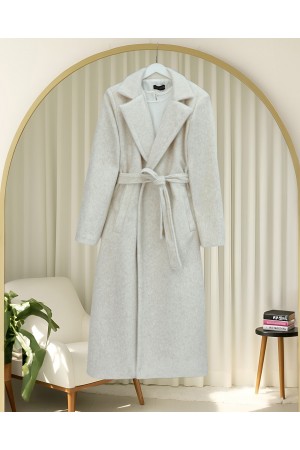 Beli Bağlamalı Astarlı Cepli Sakallı Kaban -Krem