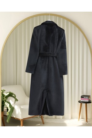 Beli Bağlamalı Astarlı Cepli Sakallı Kaban -Siyah