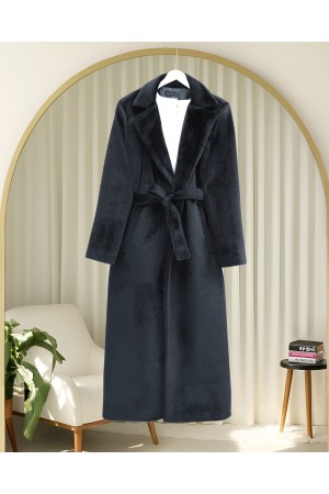 Tied Waist Lined Pocket Bearded Coat -Black