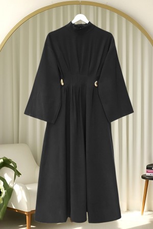 فستان مودال مطوي بحزام وإبزيم -أسود