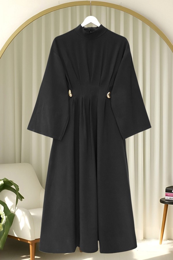 Pleated Modal Dress with Belt and Buckle Detail -Black