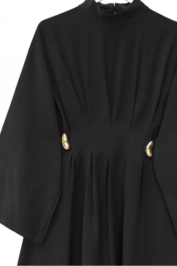 Pleated Modal Dress with Belt and Buckle Detail -Black