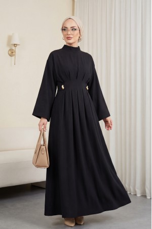 فستان مودال مطوي بحزام وإبزيم -أسود