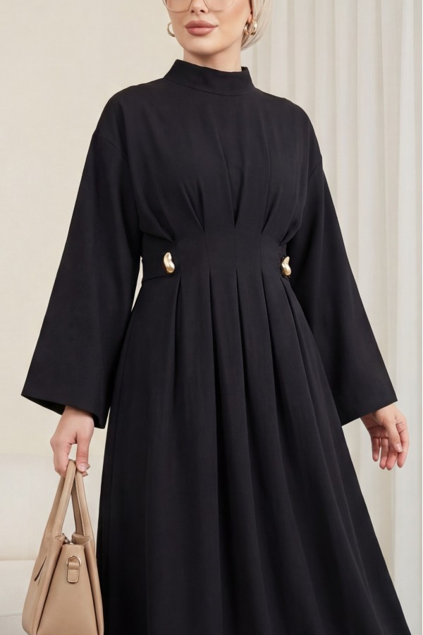 Pleated Modal Dress with Belt and Buckle Detail -Black